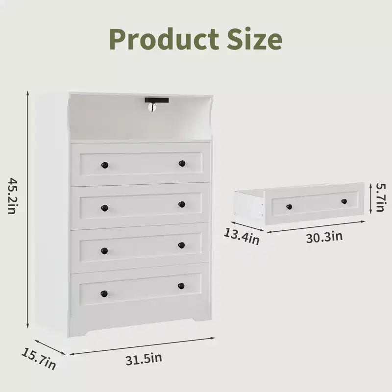 Commode étroite moderne à 4 tiroirs avec ports USB, armoire de rangement en bois pour chambre à coucher et placard, commode compacte.
