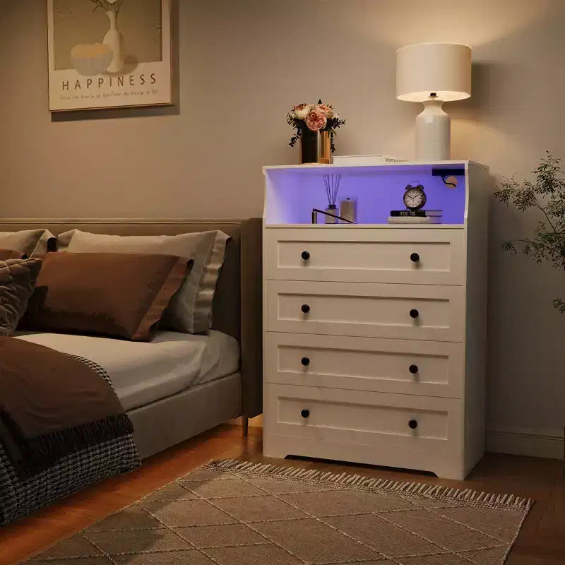 Commode étroite moderne à 4 tiroirs avec ports USB, armoire de rangement en bois pour chambre à coucher et placard, commode compacte.