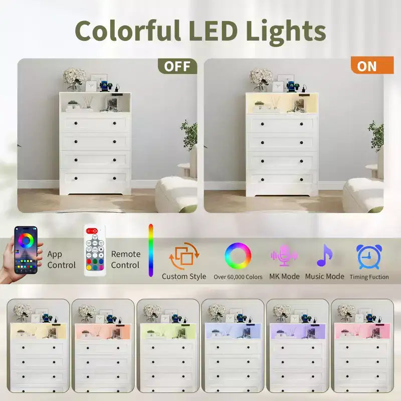 Commode étroite moderne à 4 tiroirs avec ports USB, armoire de rangement en bois pour chambre à coucher et placard, commode compacte.
