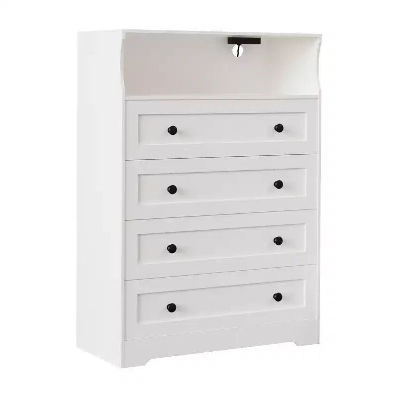 Commode étroite moderne à 4 tiroirs avec ports USB, armoire de rangement en bois pour chambre à coucher et placard, commode compacte.