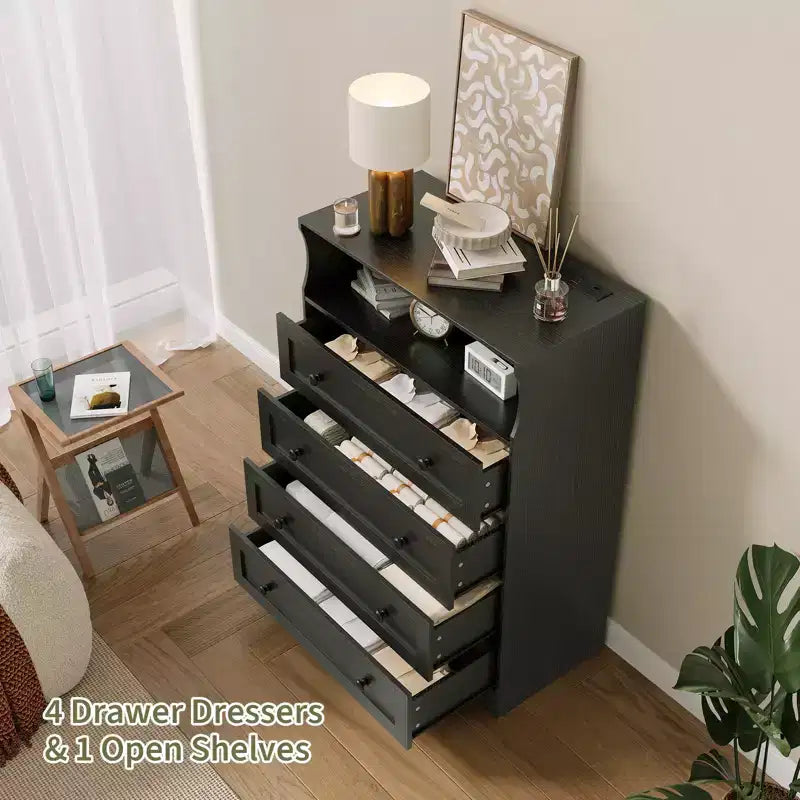Commode étroite moderne à 4 tiroirs avec ports USB, armoire de rangement en bois pour chambre à coucher et placard, commode compacte.