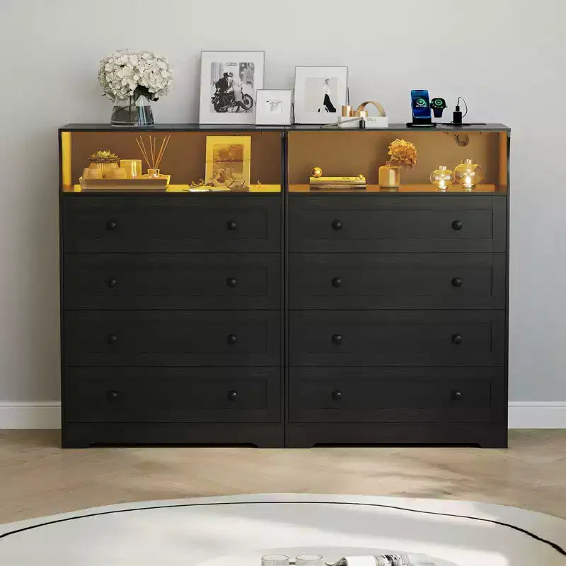Commode étroite moderne à 4 tiroirs avec ports USB, armoire de rangement en bois pour chambre à coucher et placard, commode compacte.