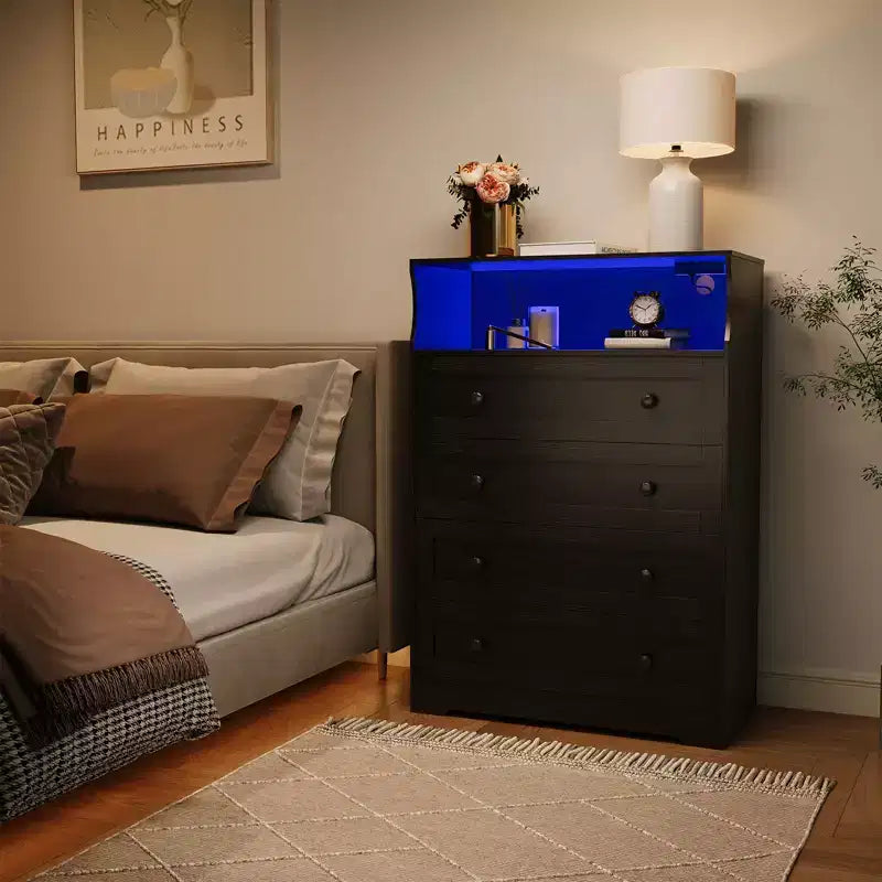 Commode étroite moderne à 4 tiroirs avec ports USB, armoire de rangement en bois pour chambre à coucher et placard, commode compacte.