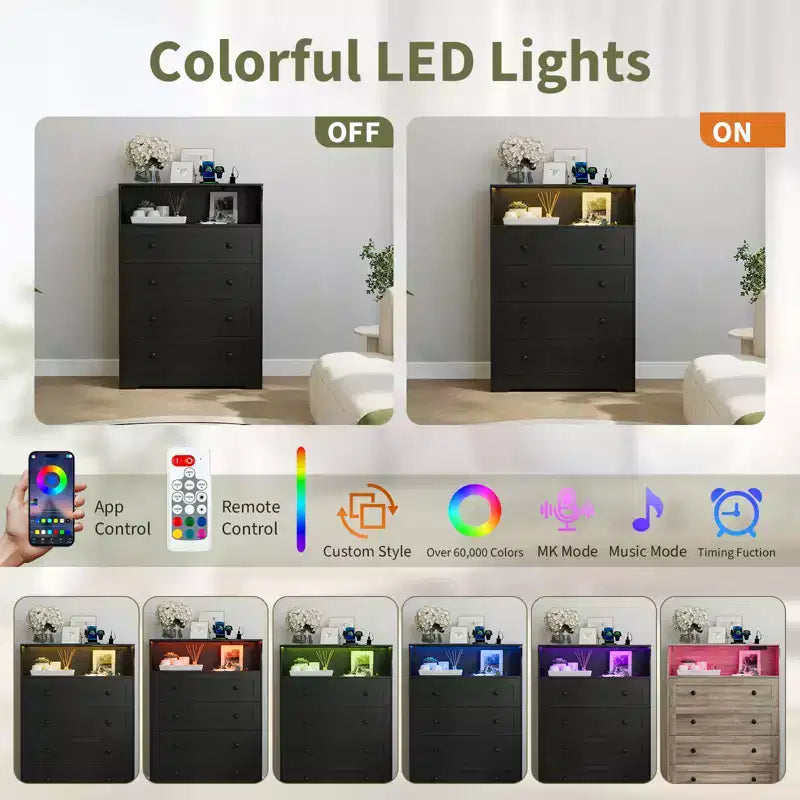 Commode étroite moderne à 4 tiroirs avec ports USB, armoire de rangement en bois pour chambre à coucher et placard, commode compacte.