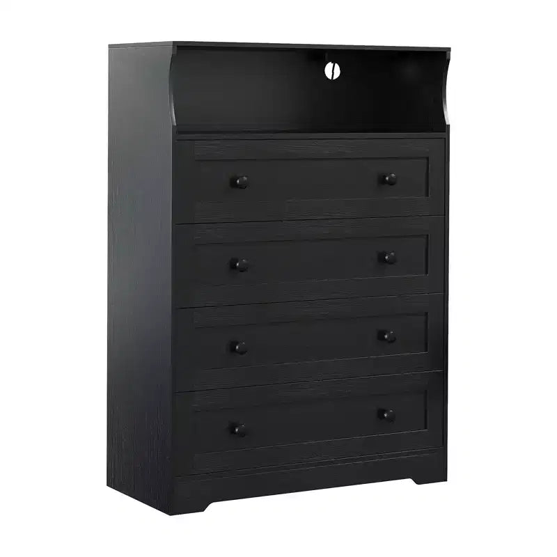 Commode étroite moderne à 4 tiroirs avec ports USB, armoire de rangement en bois pour chambre à coucher et placard, commode compacte.