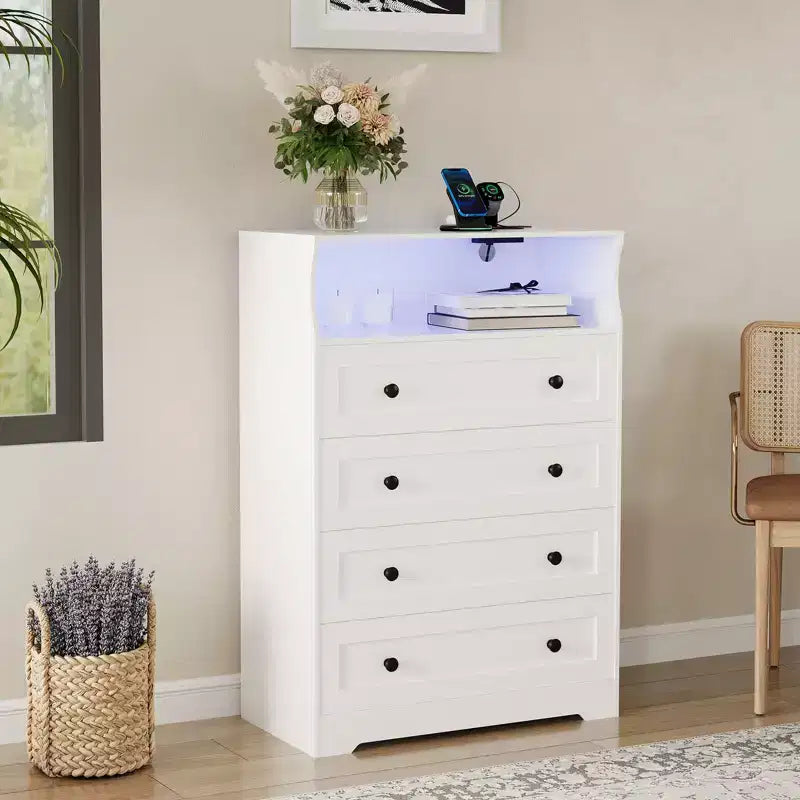 Commode étroite moderne à 4 tiroirs avec ports USB, armoire de rangement en bois pour chambre à coucher et placard, commode compacte.