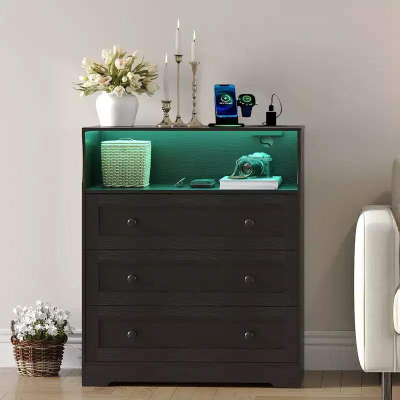 Commode 3 tiroirs avec station de charge, commode en bois moderne pour chambre à coucher, organisateur de rangement compact pour placard, salon et couloir
