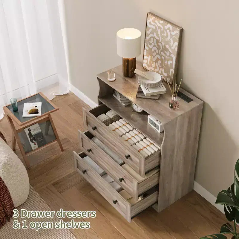 Commode 3 tiroirs avec station de charge, commode en bois moderne pour chambre à coucher, organisateur de rangement compact pour placard, salon et couloir