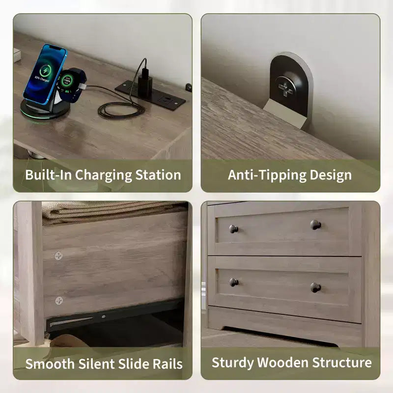 Commode 3 tiroirs avec station de charge, commode en bois moderne pour chambre à coucher, organisateur de rangement compact pour placard, salon et couloir