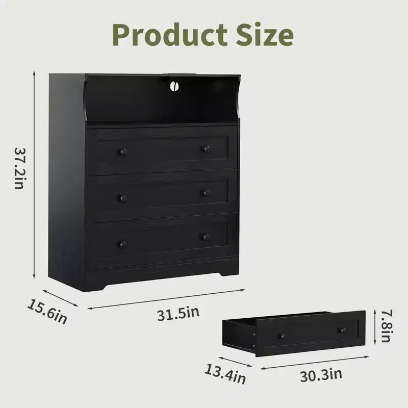 Commode 3 tiroirs avec station de charge, commode en bois moderne pour chambre à coucher, organisateur de rangement compact pour placard, salon et couloir