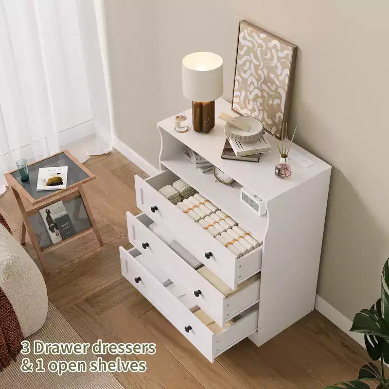 Commode 3 tiroirs avec station de charge, commode en bois moderne pour chambre à coucher, organisateur de rangement compact pour placard, salon et couloir