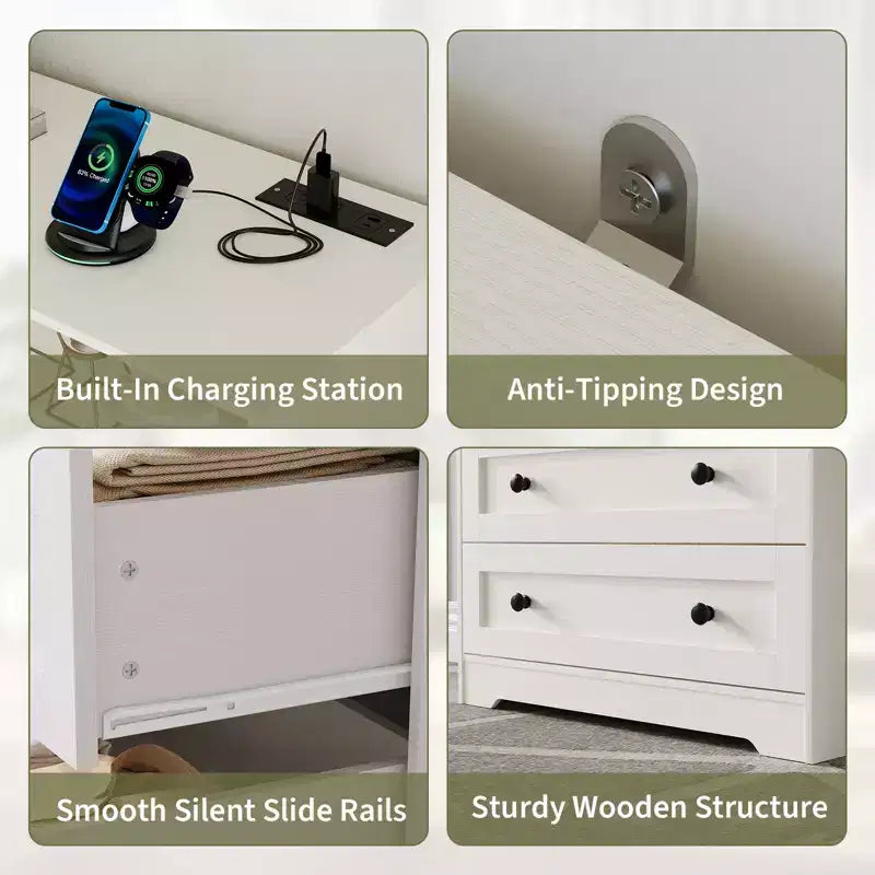 Commode 3 tiroirs avec station de charge, commode en bois moderne pour chambre à coucher, organisateur de rangement compact pour placard, salon et couloir