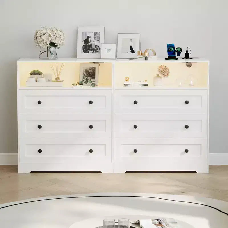 Commode 3 tiroirs avec station de charge, commode en bois moderne pour chambre à coucher, organisateur de rangement compact pour placard, salon et couloir