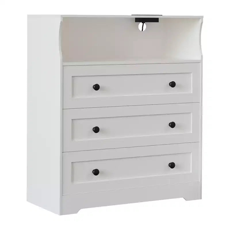 Commode 3 tiroirs avec station de charge, commode en bois moderne pour chambre à coucher, organisateur de rangement compact pour placard, salon et couloir
