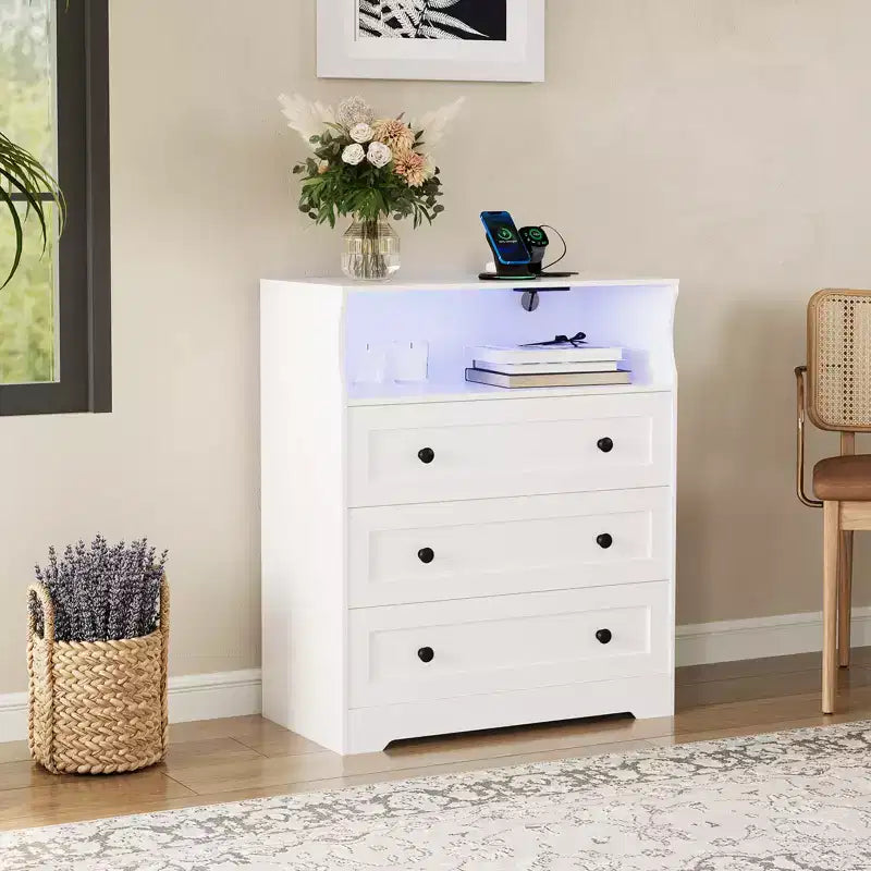 Commode 3 tiroirs avec station de charge, commode en bois moderne pour chambre à coucher, organisateur de rangement compact pour placard, salon et couloir