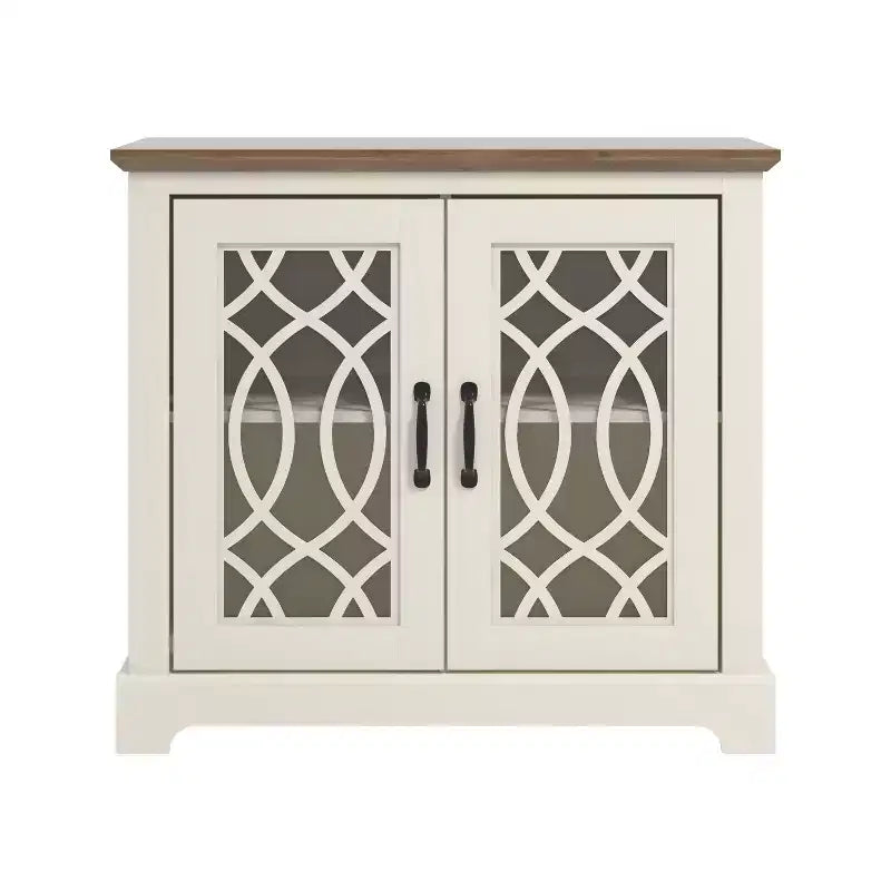 Meuble d'appoint 2 portes Galano avec panneaux en acrylique, couleur ivoire et chêne noueux, 32,4 po larg. x 15,7 po prof. x 29,3 po haut.