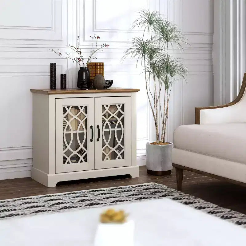 Meuble d'appoint 2 portes Galano avec panneaux en acrylique, couleur ivoire et chêne noueux, 32,4 po larg. x 15,7 po prof. x 29,3 po haut.