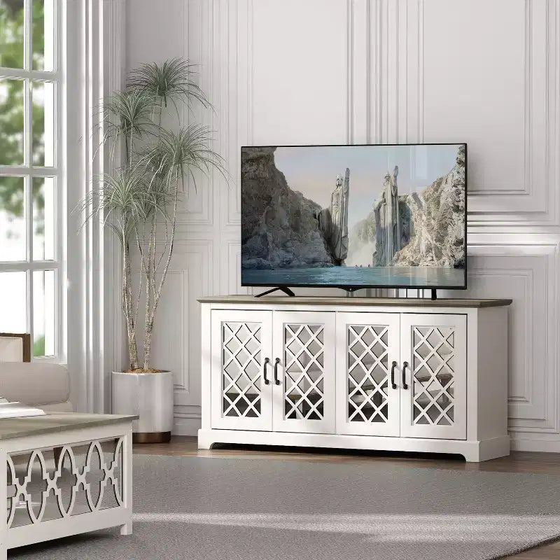 Meuble TV Galano 4 portes avec miroir et rangement dissimulé 59,6 L 15,7 P 29,3 H