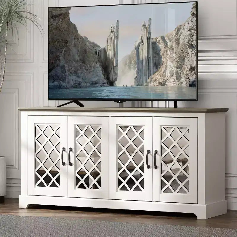 Meuble TV Galano 4 portes avec miroir et rangement dissimulé 59,6 L 15,7 P 29,3 H