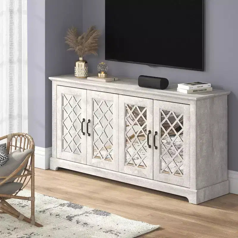 Meuble TV Galano 4 portes avec miroir et rangement dissimulé 59,6 L 15,7 P 29,3 H