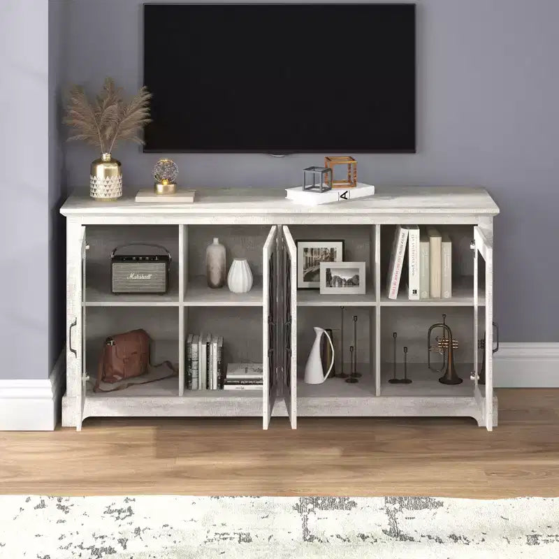Meuble TV Galano 4 portes avec miroir et rangement dissimulé 59,6 L 15,7 P 29,3 H