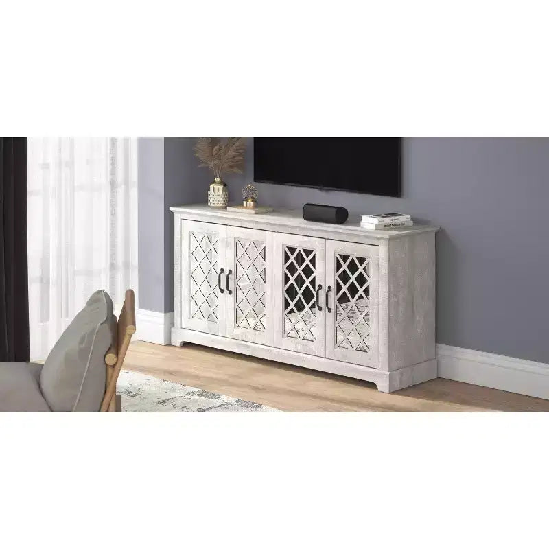 Meuble TV Galano 4 portes avec miroir et rangement dissimulé 59,6 L 15,7 P 29,3 H