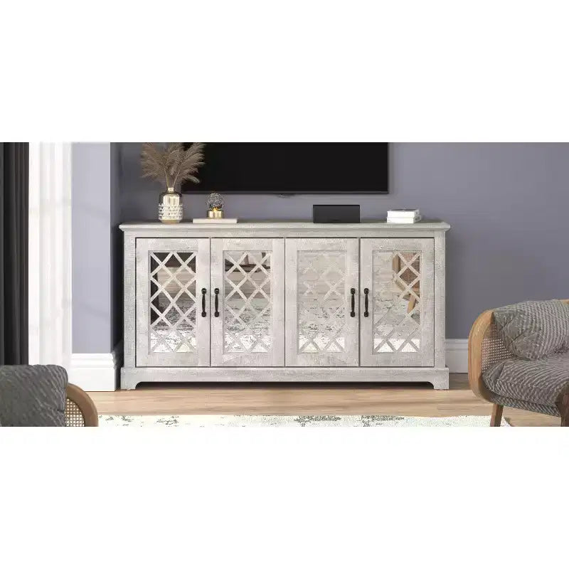 Meuble TV Galano 4 portes avec miroir et rangement dissimulé 59,6 L 15,7 P 29,3 H