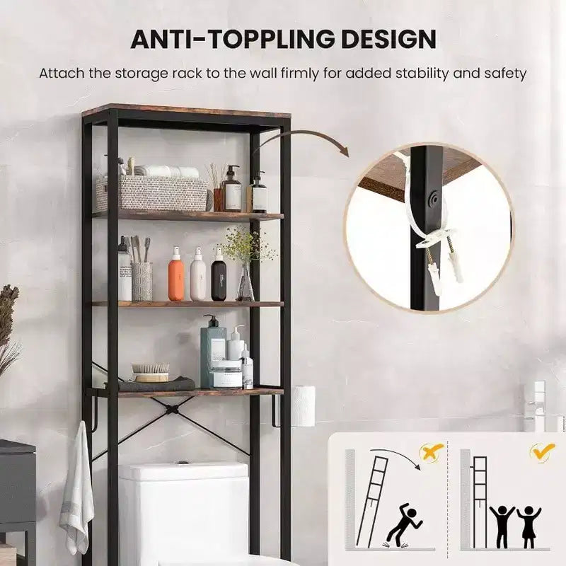 Étagère de Rangement Industrielle 4 Niveaux pour Toilettes avec Support de Papier Hygiénique, Organisateur Autonome Multifonctionnel
