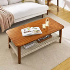 Farmhouse Coffee Table, 47.25 Rectangular Table, Vintage Living Room Design with Woven Storage Shelf, for Home Office Walnut