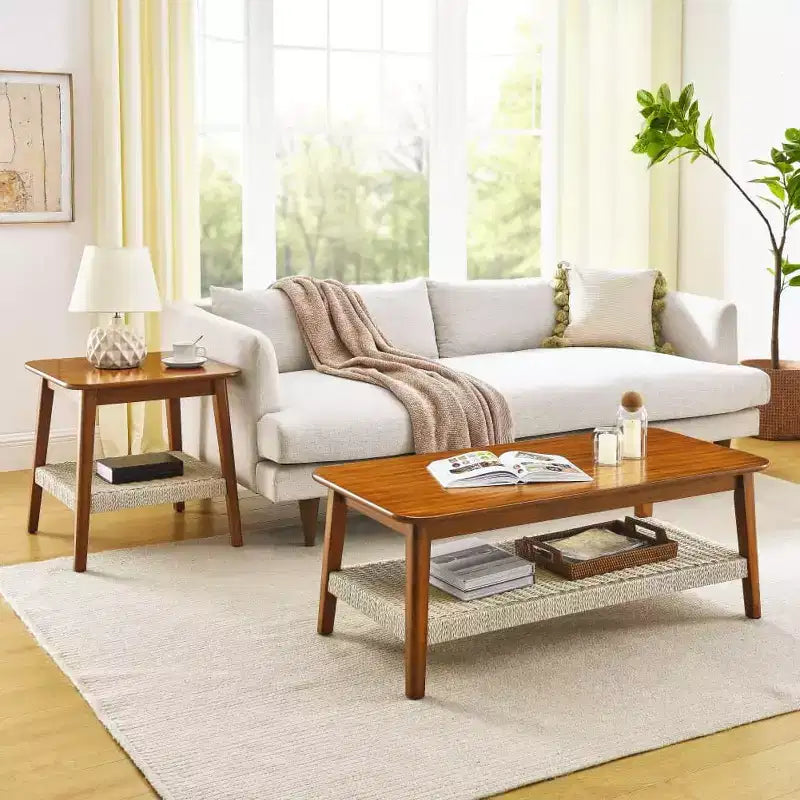 Table basse de ferme, table rectangulaire 47,25 po, style vintage avec étagère de rangement tressée, pour bureau à domicile, noyer