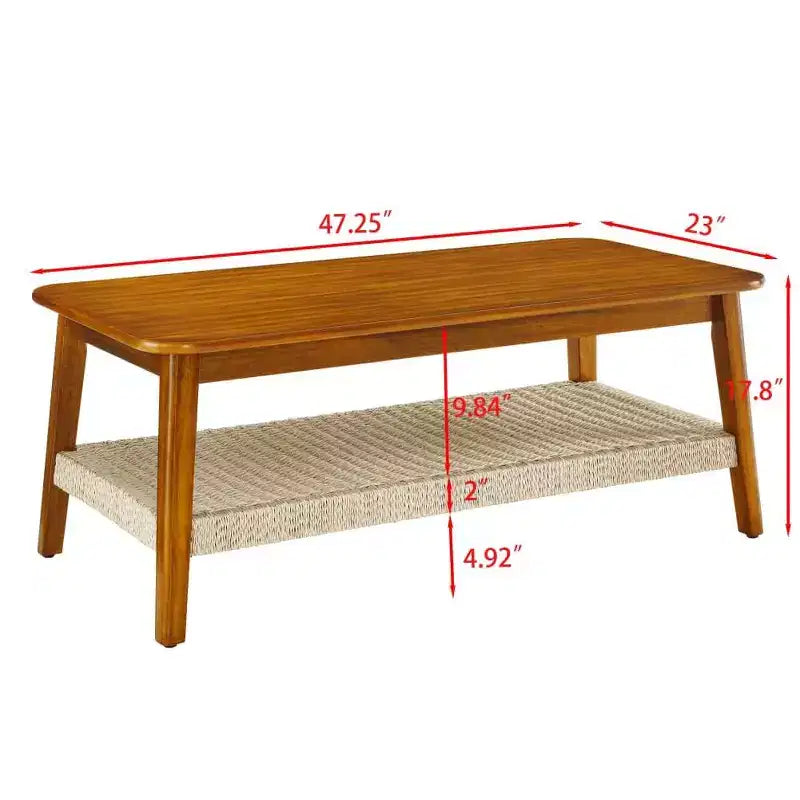 Table basse de ferme, table rectangulaire 47,25 po, style vintage avec étagère de rangement tressée, pour bureau à domicile, noyer