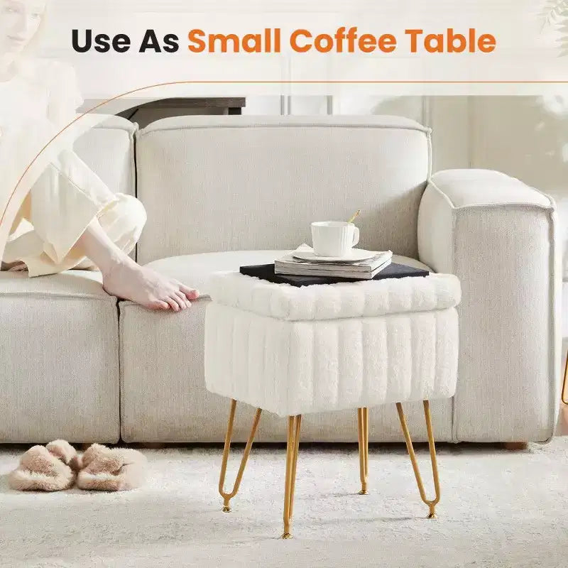 TUYOHW 16 Pouf de rangement, tabourets de coiffeuse en fausse fourrure avec 4 pieds métalliques et pieds réglables antidérapants, pouf pour salon, entrée