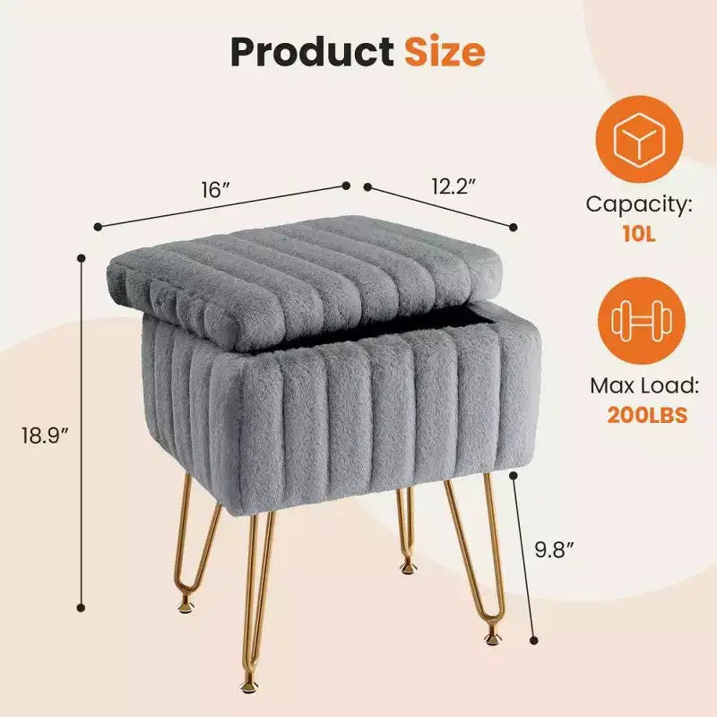 TUYOHW 16 Pouf de rangement, tabourets de coiffeuse en fausse fourrure avec 4 pieds métalliques et pieds réglables antidérapants, pouf pour salon, entrée
