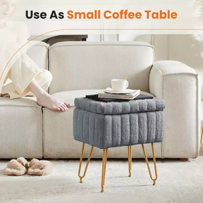 TUYOHW 16 Pouf de rangement, tabourets de coiffeuse en fausse fourrure avec 4 pieds métalliques et pieds réglables antidérapants, pouf pour salon, entrée