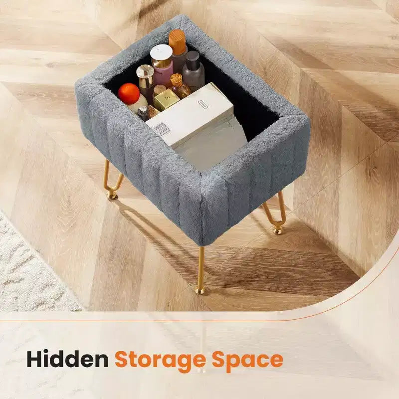 TUYOHW 16 Pouf de rangement, tabourets de coiffeuse en fausse fourrure avec 4 pieds métalliques et pieds réglables antidérapants, pouf pour salon, entrée