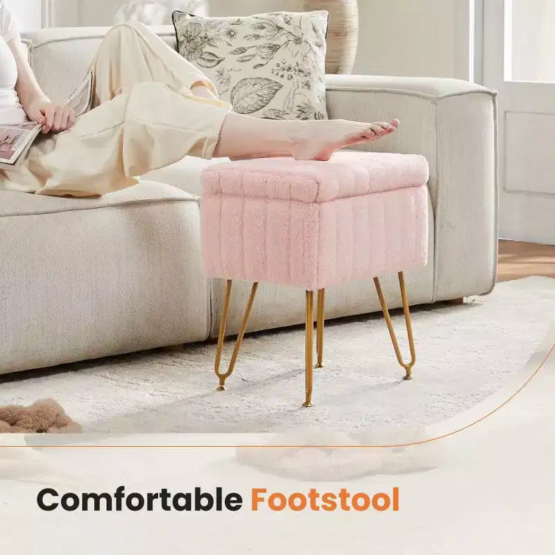 TUYOHW 16 Pouf de rangement, tabourets de coiffeuse en fausse fourrure avec 4 pieds métalliques et pieds réglables antidérapants, pouf pour salon, entrée