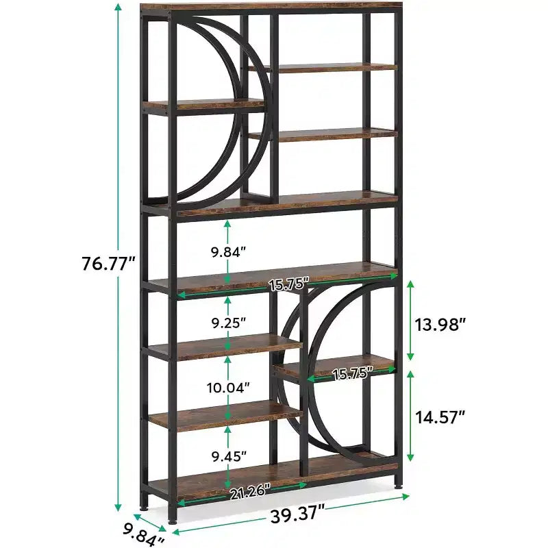 Lantine Bookshelf, Bibliothèques étagères industrielles à 8 niveaux, étagères d'affichage de 195 cm de haut, étagère en bois avec cadre métallique pour bureau à domicile