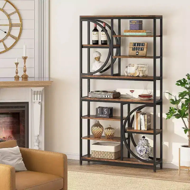 Lantine Bookshelf, Bibliothèques étagères industrielles à 8 niveaux, étagères d'affichage de 195 cm de haut, étagère en bois avec cadre métallique pour bureau à domicile