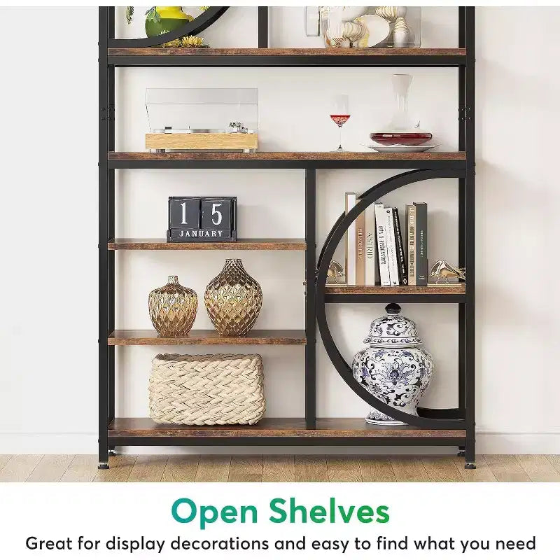 Lantine Bookshelf, Bibliothèques étagères industrielles à 8 niveaux, étagères d'affichage de 195 cm de haut, étagère en bois avec cadre métallique pour bureau à domicile
