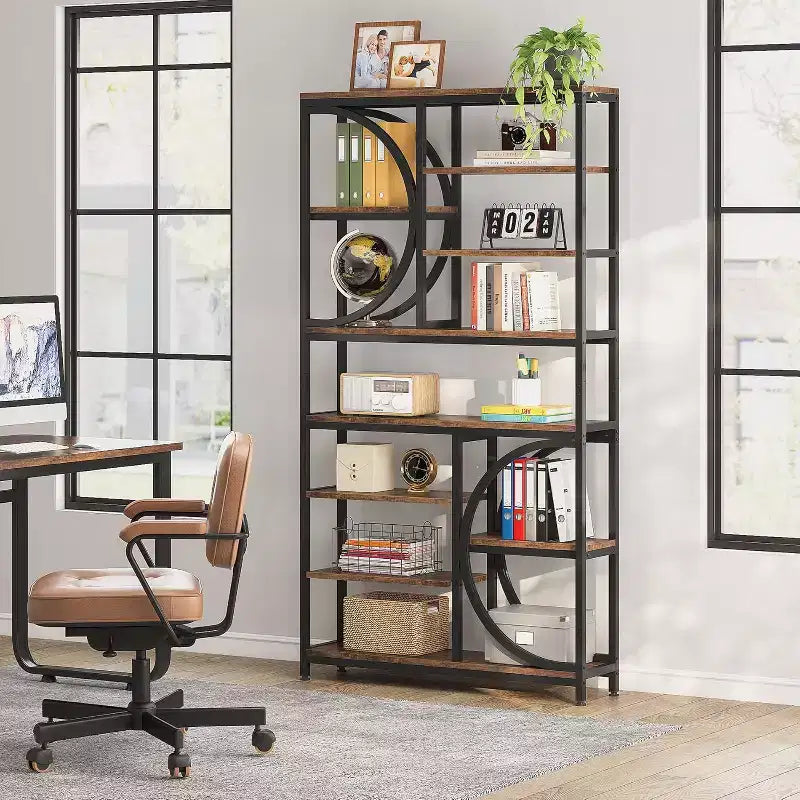 Lantine Bookshelf, Bibliothèques étagères industrielles à 8 niveaux, étagères d'affichage de 195 cm de haut, étagère en bois avec cadre métallique pour bureau à domicile