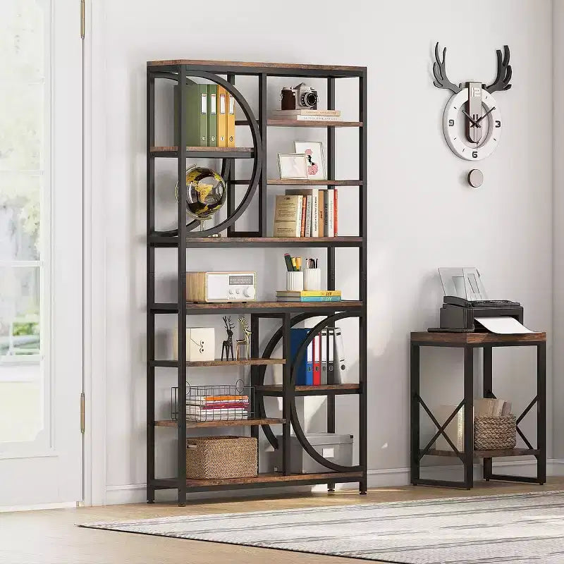 Lantine Bookshelf, Bibliothèques étagères industrielles à 8 niveaux, étagères d'affichage de 195 cm de haut, étagère en bois avec cadre métallique pour bureau à domicile