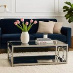Table basse Royal Hampton de 47 pouces, plateau en verre, étagère inférieure en miroir, accents métalliques