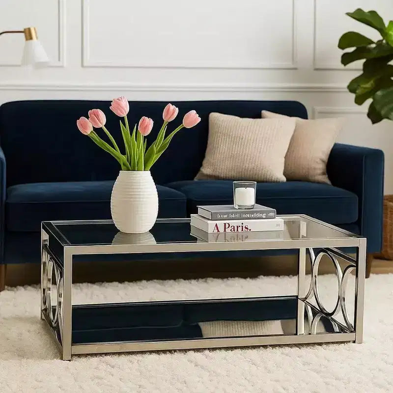 Table basse Royal Hampton de 47 pouces, plateau en verre, étagère inférieure en miroir, accents métalliques