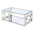 Table basse Royal Hampton de 47 pouces, plateau en verre, étagère inférieure en miroir, accents métalliques