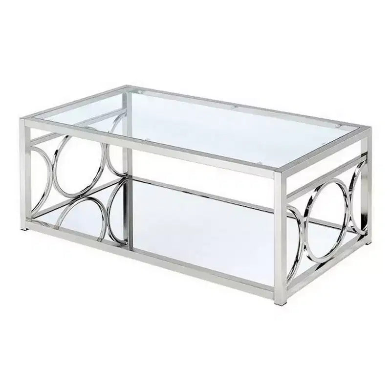 Table basse Royal Hampton de 47 pouces, plateau en verre, étagère inférieure en miroir, accents métalliques