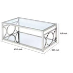 Table basse Royal Hampton de 47 pouces, plateau en verre, étagère inférieure en miroir, accents métalliques