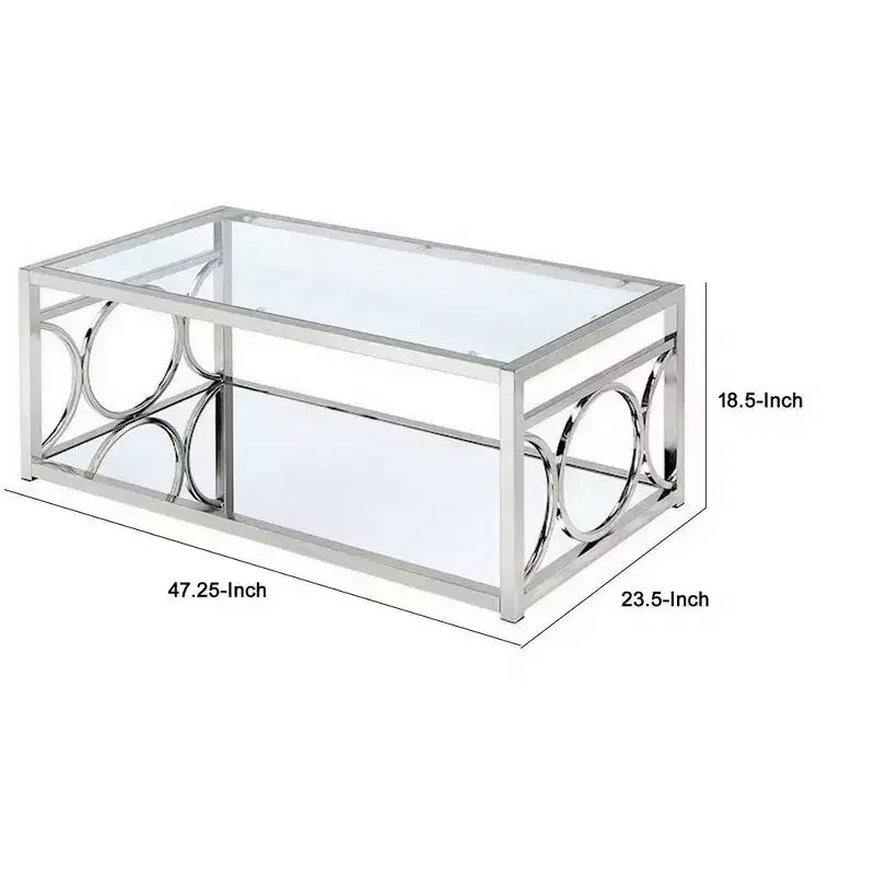 Table basse Royal Hampton de 47 pouces, plateau en verre, étagère inférieure en miroir, accents métalliques