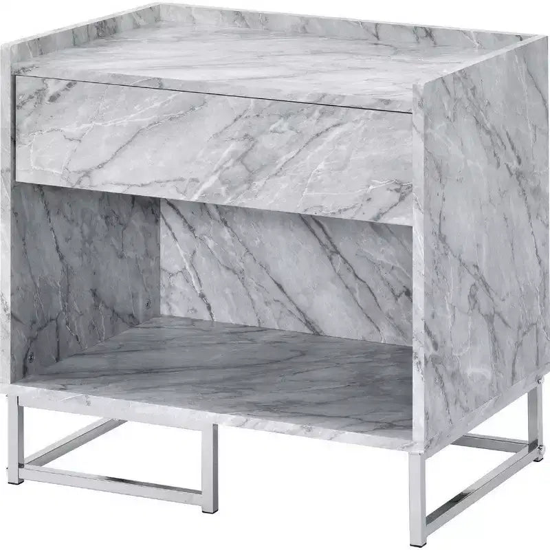 Table d'appoint Royal Hampton en faux marbre avec finition chromée, blanc