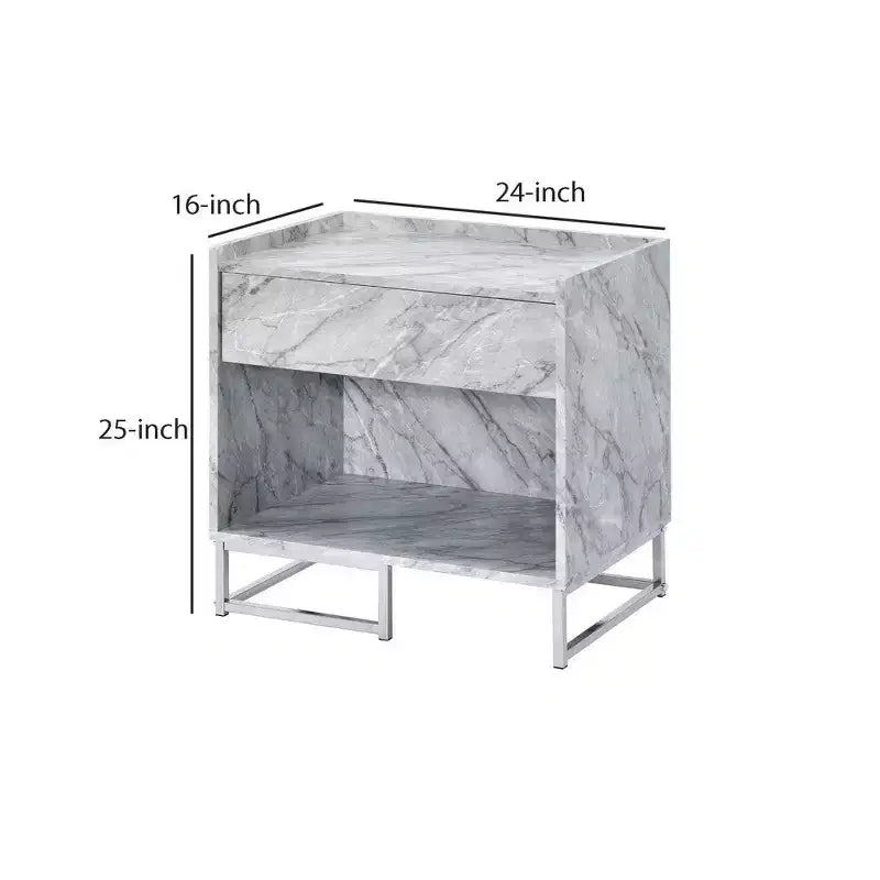 Table d'appoint Royal Hampton en faux marbre avec finition chromée, blanc