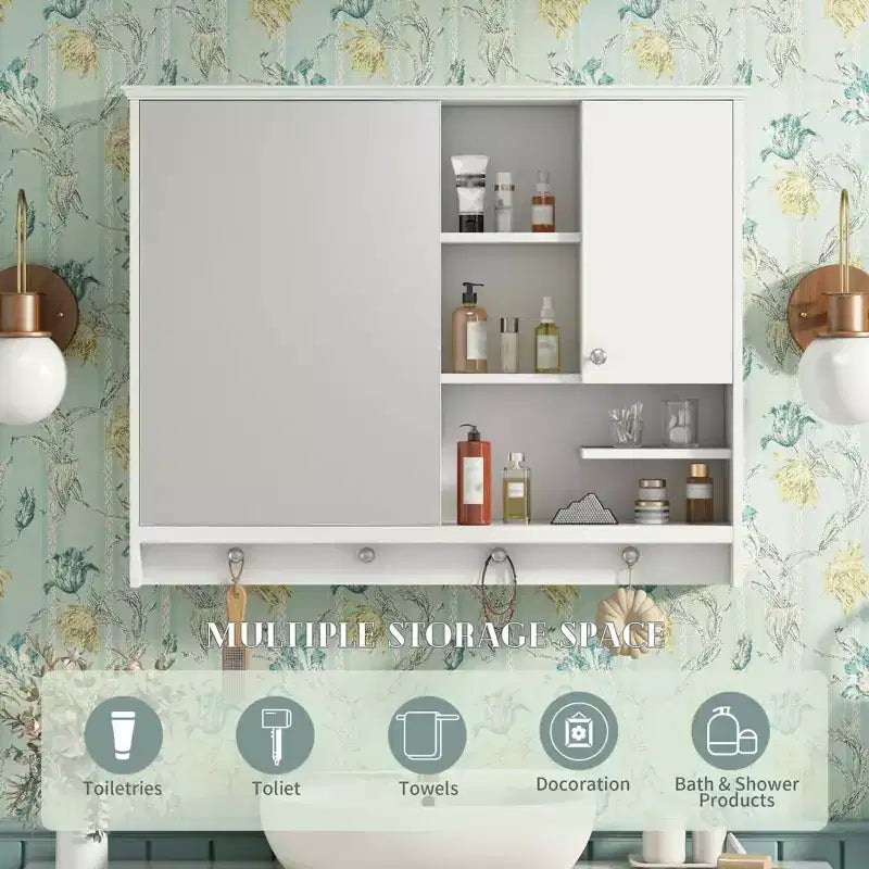 MAYEERTY Armoire à pharmacie murale de 36 pouces, meuble de rangement pour salle de bain avec porte miroir et étagère réglable, blanc